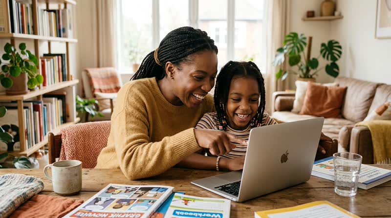 A mother and daughter learning Swahili together on a laptop