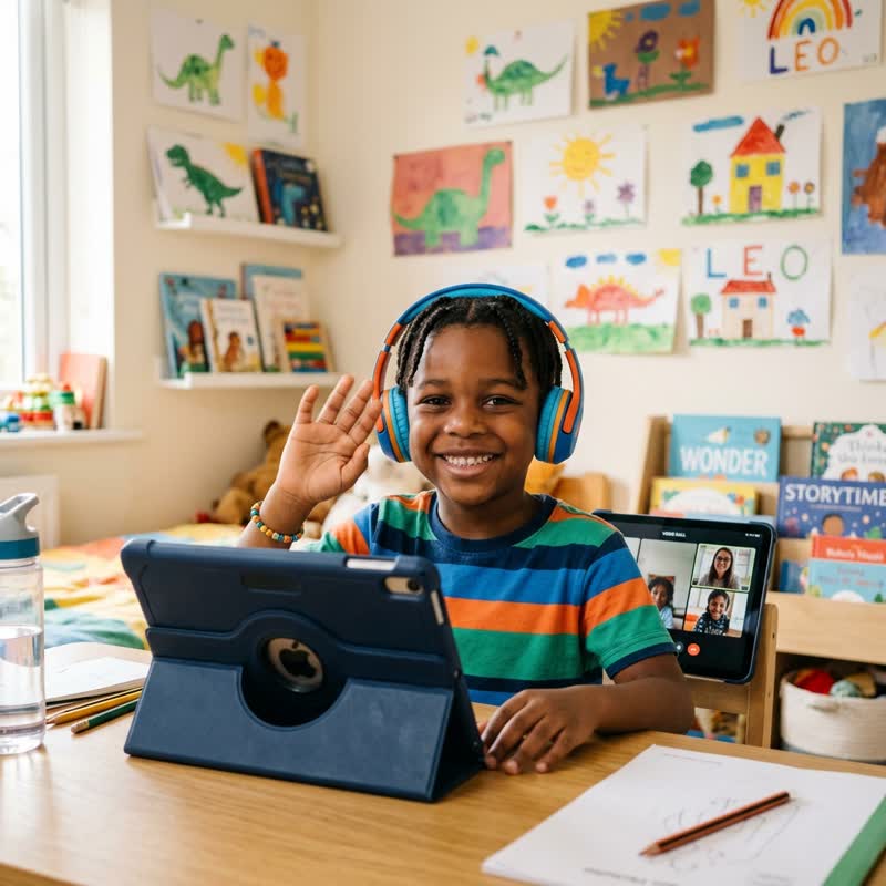 A child having an interactive Swahili lesson online
